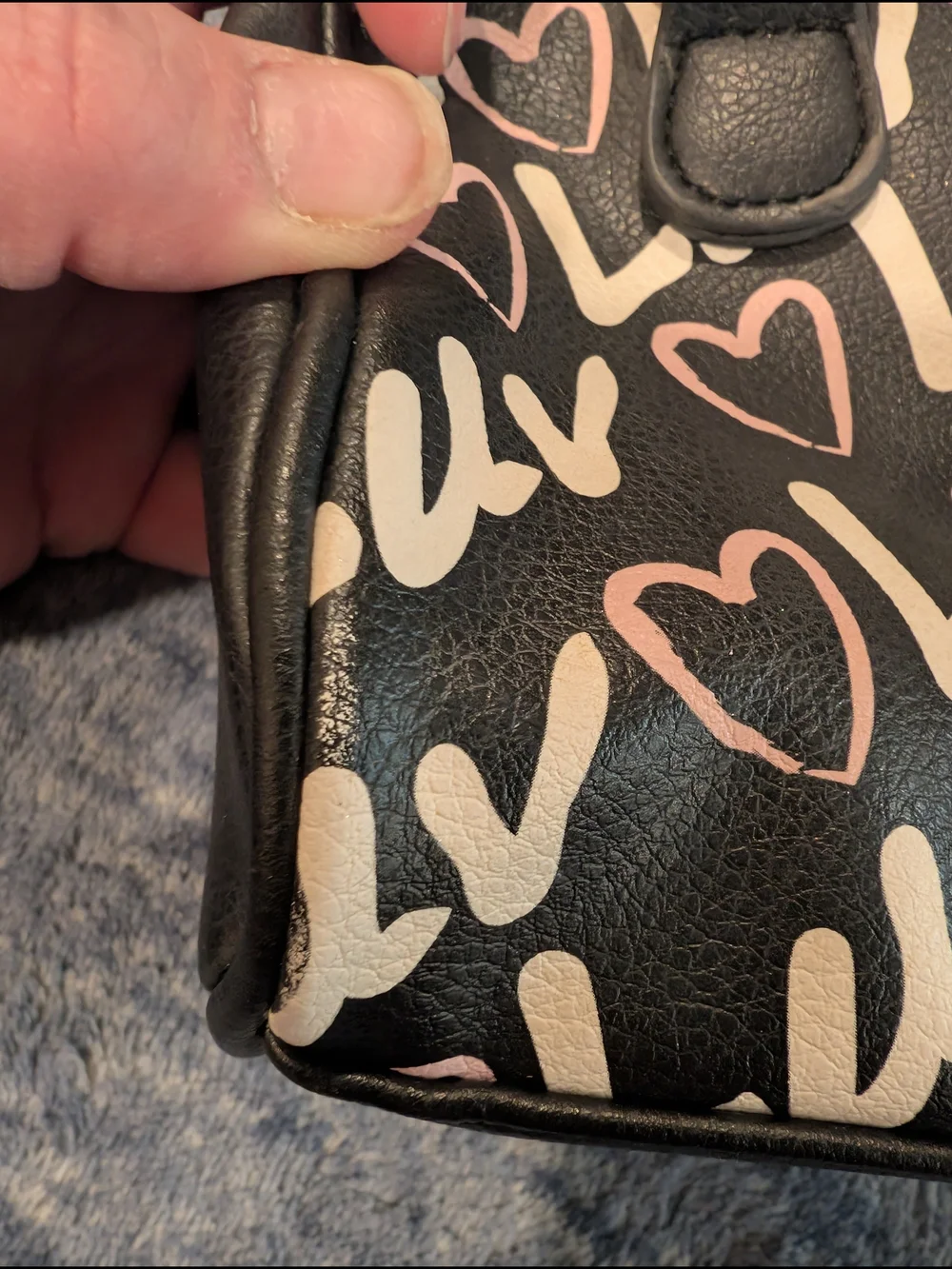 Betsey Johnson Black Cosmetic Bag with Pink and Cream Heart Luv Print